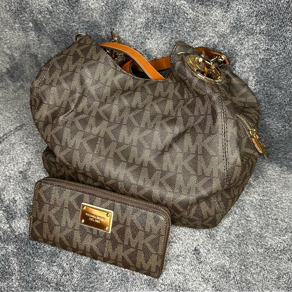 Michael Kors Brown Monogram Bag and Wallet Set